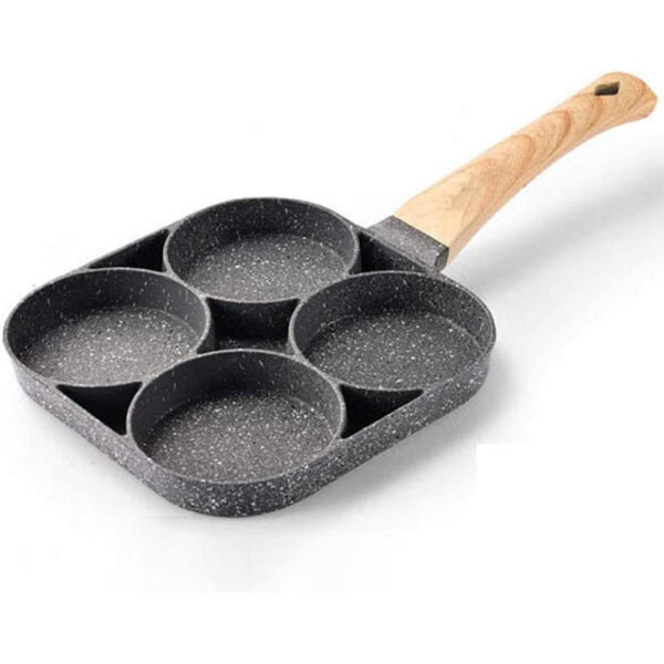 Metal Round Egg Frying Pan Square Pan for 4 Eggs with Wooden Handle