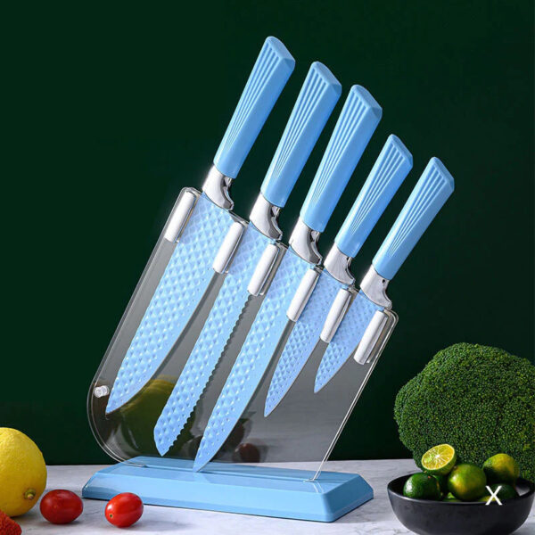 Knife Set with Acrylic Knife Block Damascus Effect Stainless Steel Blades 5 Pieces Kitchen Knife Sets - Random Colour - Image 2