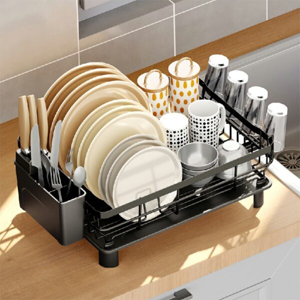 Dish Drying Rack Stainless Steel Dish Drainer with Drip Tray and Utensil Holder - Black - Image 2