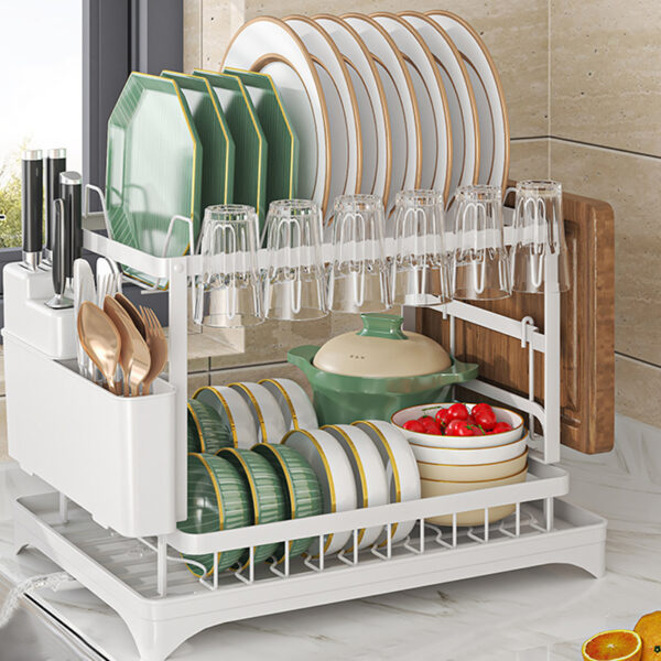 2 Tier Sink Dish Drainer Rack with Drip Tray Plate Rack Cutlery Holder for Kitchen - White - Image 2