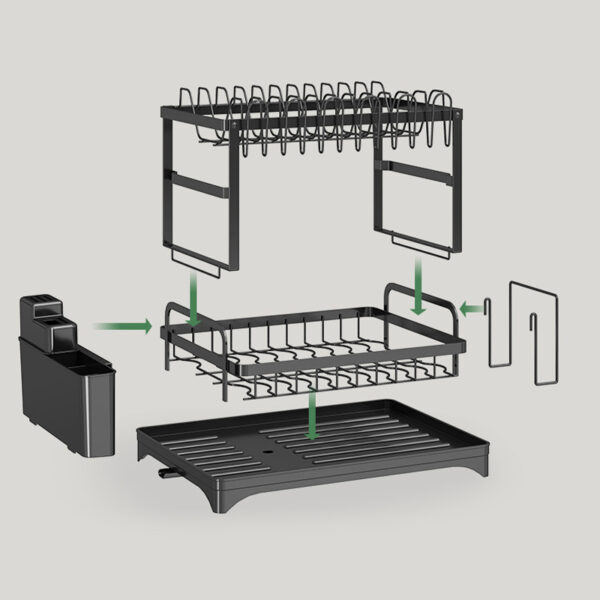 2 Tier Sink Dish Drainer Rack with Drip Tray Plate Rack Cutlery Holder for Kitchen - White - Image 4