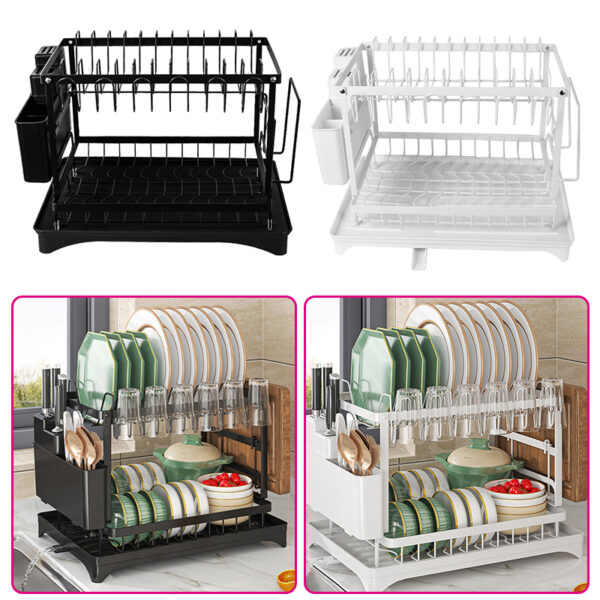 2 Tier Sink Dish Drainer Rack with Drip Tray Plate Rack Cutlery Holder for Kitchen - White - Image 5
