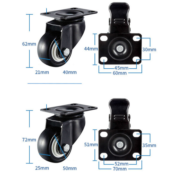 Heavy Duty Swivel Castor Wheels Trolley 50mm Furniture Casters 2 inch - 2pcs Moving Wheels + 2pcs Wheels with Brakes - Image 3