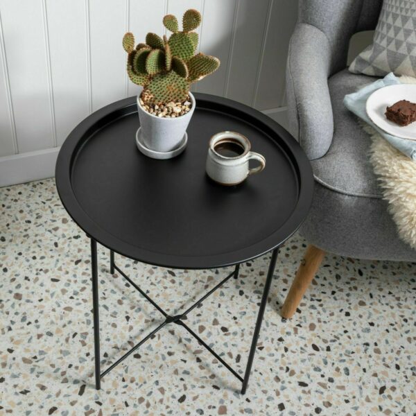 Folding Side Table Round Metal Tray Top Portable Coffee Table Night Stand - Black
