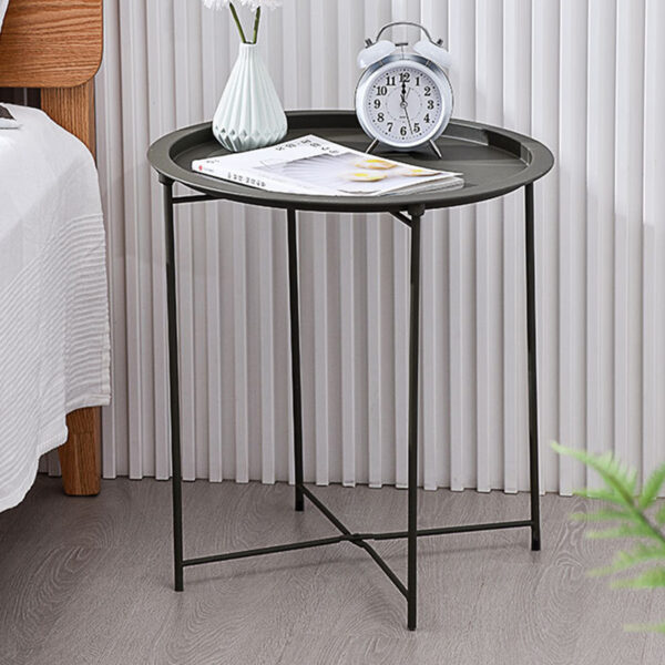 Folding Side Table Round Metal Tray Top Portable Coffee Table Night Stand - Black - Image 2