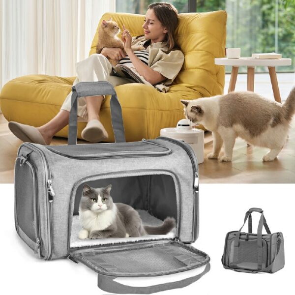 Large Pet Carrier Bag Soft Fabric Fold Portable Travel Puppy Cat Bag - Grey - Image 6