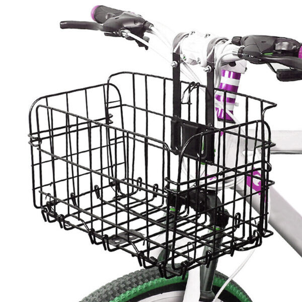 Foldable Bike Front Rear Basket Metal Bicycle Handlebar Shopping Carrier for Cycling - Black - Image 3